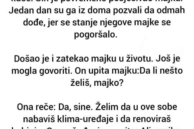 POUČNA PRIČA: Jedan bogataš je ostavio majku u staračkom domu. Imao je on ogromnu kuću, ali niko za nju nije imao vremena.